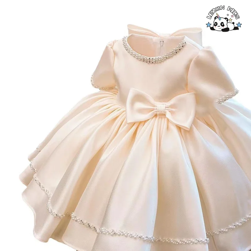 LEZONKIDS - Vestidos curtos de manga curta para meninas, moda nova, com laço grande, vestido de festa, desfile de página, vestido de aniversário